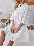 Casual Polyester V-Neck Dress - Elegant Women's Solid Color with Embroidered Lantern Sleeves, Non-Stretch, Machine Washable, Perfect for All Seasons
