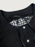 [Slim Contrast Plaid Button T-Shirt] Contrast Plaid Button Slim T-Shirt, Chic Long Sleeve T-Shirt For Spring & Fall, Women's Clothing