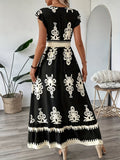 [100% Polyester V-Neck Midi Dress] Spring/Summer Floral Print V-Neck Dress with Flutter Sleeves and Waist Cinch, A-Line Midi, 100% Polyester - Machine Washable, Fly Fly Sleeves, A-Line voguable