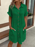 Women's 100% V-Neck Blouse Dress - Light Blue, Casual, Short Sleeves, Button Details, Machine Washable, All-Season Comfort