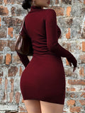 [Long Sleeve Zipper Dress] Zipper Front Long Sleeve Dress, Sexy Solid Slim Dress For Spring & Fall, Women's Clothing