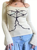 [1pc Elegant Off-Shoulder Sweater] 1pc Elegant Viscose Off-Shoulder Sweater for Women, Solid Color Crew Neck Long Sleeve Knit Top with Graphic Print, Versatile Streetwear for All Seasons