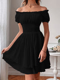 Elegant Off-Shoulder Square Neck Dress, 100% Polyester Solid Color A-Line Mini Dress for Women, Spring/Summer Woven Fabric, Occasion Wear | Ruffled Bodice | Polyester Fabric, Cute Dresses