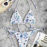 Women'S Tie-Strap Triangle Printed Smocked Bikini Set, Adjustable Beach Swimwear, Floral Print, Summer Essentials