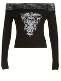 Dark Y2K Vintage Print Lace Splicing One-Shoulder Slim Fit Long Sleeve T-Shirt