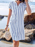 [Elegant | Striped] Elegant Striped V-Neck Midi Dress | Asymmetrical Hemline, Casual Short Sleeve, Button Front, Lightweight Polyester | Perfect for Summer Beach Outings, Beach Dress