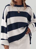 Long Sleeve Acrylic Pullover Sweater - Women's Casual Rib-Knit Crew Neck, Drop Shoulder, Loose Fit, Solid Color, All Season Knit Fabric Top