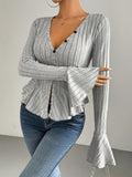 Elegant Heather Gray Ribbed T-Shirt with Bell Sleeves and Ruffle Hem - V-Neck, Button Detail, Stretchy Polyester Blend, Machine Washable - Chic Casual Style for All Seasons