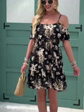 Summer Women's Elegant Off-Shoulder V-Neck Ruffle Hem Floral Print Mini Dress - Lightweight Machine-Washable Sleeveless Party Dress for Festivals, Beach & Casual Outings