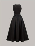 1pc Elegant Sleeveless A-Line Dress for Women, Solid Color Polyester Knit with Belt, Round Neck, Loose Fit - All Seasons Fashion