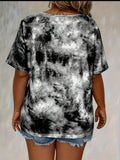 Women'S Plus Size Tie Dye Print Short Sleeve T-Shirt, Casual Loose Fit Tee with Lace-Up Drape Neck, Polyester 95% Spandex 5% Knit Fabric, Medium Stretch, Spring/Summer Pullovers, 175g/m² - Purple