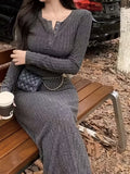[Long Sleeve Fall Dress] Ribbed V Neck Dress, Casual Long Sleeve Dress For Fall & Winter, Women's Clothing