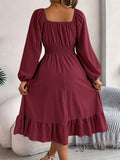 Stunning Ruffle Hem A-Line Dress - Women's Elegant Solid Color Square Neck Backless Shirred Clothing with Lantern Sleeves - Perfect for Formal Occasions and Parties