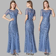 Slim fitting mesh sequin evening dress fishtail dress for women