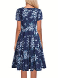 [Tropical Leaf Print V-Neck Dress] Navy Blue Tropical Leaf Print V-Neck Short Sleeve Midi Dress - Fitted Bodice, Flared Skirt, Polyester Blend, with Belt and Pockets, Perfect for Spring/Summer Casual or Tea Church Outfits