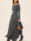 Elegant Ruffled Off Shoulder Long Sleeve Dress - Women's Backless Asymmetrical Slim Fit Dresses with Ruffle Hem - Perfect for Formal Occasions and Date Nights