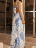 Polyester Vacation Style 1pc Women'S Printed Maxi Dress - Ruffle Neckline and Spaghetti Straps - Woven Slingback Dress for Adults