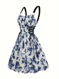 Women's White A-Line Midi Dress - Sleeveless, Lightweight Polyester, Lace-Up Waist, O-Ring Shoulders, Blue Butterfly Pattern, Perfect for Spring/Summer Parties
