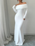 1pc Elegant White Polyester Bodycon Maxi Dress, Long Sleeve Off-Shoulder Backless Ribbed Knit Twist Fish Tail Hem, All-Season Solid Color Dress for Adults
