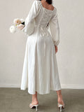 Elegant Textured Midi Dress - Cross Tie Lantern Sleeve Solid Color Romantic Dress for Women