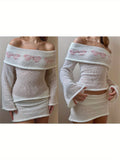 Unique Grey Off-Shoulder Sweater - Chic Boat Neck Long Slim-Fit Knit Top with Bow Detail, Machine Washable, Casual Style for Spring/Fall, Classic Leisure Sweater for Ladies