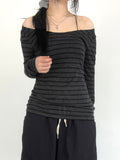 Japanese and Korean Special Targeted Elegant Basic Large Round Neck Slimming Long Sleeve Striped Top
