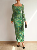 Marble Print Long Sleeve Dress, Stylish Square Neck Ankle Length Dress For Spring & Fall, Women's Clothing