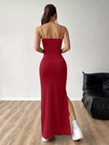 Solid Color Split Cami Dress, Elegant Sleeveless Bodycon Maxi Dress For Spring & Summer, Women's Clothing