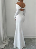 1pc Elegant White Polyester Bodycon Maxi Dress, Long Sleeve Off-Shoulder Backless Ribbed Knit Twist Fish Tail Hem, All-Season Solid Color Dress for Adults