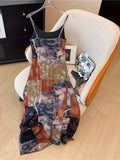 [Vintage Floral Dress] Lightweight Vintage Floral Women's Mesh Dress - Sleeveless, Tie-Dye Print, Long, Flowy Maxi Dress with Ruched Waist, Polyester Fabric, Perfect for Summer