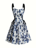 Women's White A-Line Midi Dress - Sleeveless, Lightweight Polyester, Lace-Up Waist, O-Ring Shoulders, Blue Butterfly Pattern, Perfect for Spring/Summer Parties