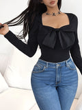 Y2K Style Long Sleeve T-Shirt 1pc - Square Neckline, Large Bowknot Detail, Polyester, Regular Length, Casual Fit for Spring/Summer/Autumn