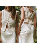 Womens Button Down Vest Solid Boat Neck Sleeveless Tie-Up Back Crop Tank Tops Summer Streetwear