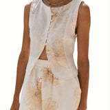 Womens Button Down Vest Solid Boat Neck Sleeveless Tie-Up Back Crop Tank Tops Summer Streetwear