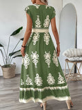 [100% Polyester V-Neck Midi Dress] Spring/Summer Floral Print V-Neck Dress with Flutter Sleeves and Waist Cinch, A-Line Midi, 100% Polyester - Machine Washable, Fly Fly Sleeves, A-Line voguable