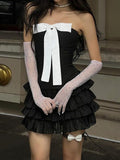 Black Strapless Bow Ruffles Tiered Dress