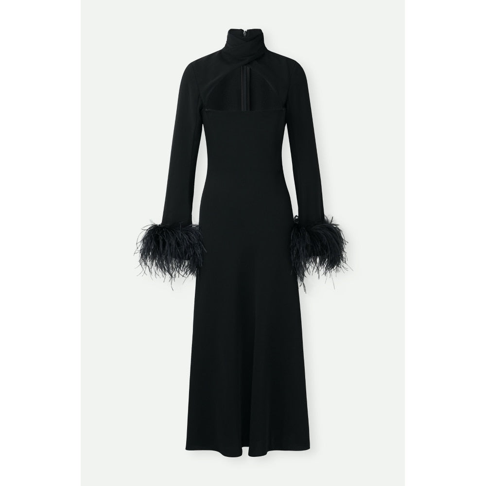 16AR Customized  Women Black Ostrich Feather Trimmed Sleeve Cut-out Black Midi Party Dress High Quality Evening Wedding Dress