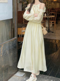 New Style High-end Long-Sleeved Dress with Exposed Shoulders and Waist for Women, Slimming A-line Dress