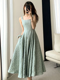 [1pc Elegant Square Neck Dress] 1pc Elegant Square Neck Polyester Dress for Women - Spring/Summer Flared A-Line Pendulum Dress with Solid Color and Textured Weave