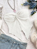 [Solid Strapless Lace Bandeau Top] Elegant Lace Hollow Bandeau Top, Polyester and Elastane Blend, Knit Fabric, Solid Color, Strapless Design, for All Seasons