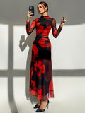 Floral Print Mesh Splicing Dress, Elegant Long Sleeve Bodycon Dress for Spring & Fall, Women's Clothing