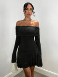 1pc Elegant Off-Shoulder Flare Sleeve Ruffle Hem Solid Color Bodycon Dress for Women, Polyester, All Seasons
