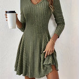 Elegant Black V-Neck Knit Dress - Chic Long Sleeve A-Line Mini with Ruffle Detail, Polyester & Elastane Blend, Machine Washable - Perfect for Fall