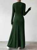 Elegant Solid Color V-Neck Knit Long Sleeve A-Line Dress - Ribbed Texture, Machine Washable, Polyester - Chic Middle Eastern Style for Fall, Elegant Long Sleeve Knit Dress