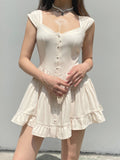 Skin Square Neck Fold Buttons Dress