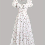 Elegant White Floral Print Midi Dress with Puff Sleeves & Tie-Back Detail - Square Neck, Non-Sheer Polyester for Women - Perfect for Spring, Summer & All Seasons, Formal Wear | Puff Sleeves Dress | Polyester Fabric