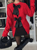 Loose Fit Crew Neck Long Sleeve Knit Pullover - Polyester Blend, Solid Color, Slight Stretch, with Bow Detail for Fall/Winter Collection