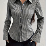 [Long Sleeve Shirt for Women] Elegant Striped Long Sleeve Shirt for Women - Slim Fit, Polyester, Machine Washable - Perfect for Spring/Fall
