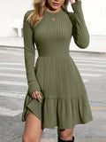Long Sleeve Ruffle Hem Ribbed A-line Dress, Casual Crew Neck Solid Color Dress For Spring & Fall, Women's Clothing