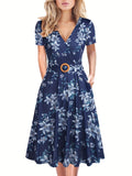 [Tropical Leaf Print V-Neck Dress] Navy Blue Tropical Leaf Print V-Neck Short Sleeve Midi Dress - Fitted Bodice, Flared Skirt, Polyester Blend, with Belt and Pockets, Perfect for Spring/Summer Casual or Tea Church Outfits